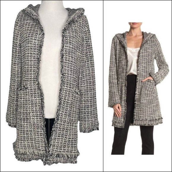 Laundry by Shelli Segal Hooded Boucle Jacket Size Small Fringed Hem Edges Cuff - Picture 1 of 12